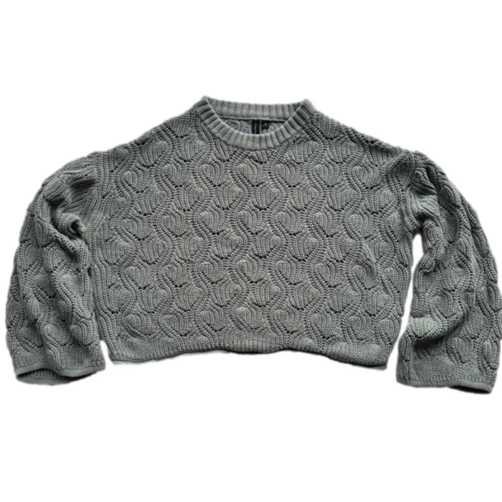 Moon & Madison Sage Green Clamshell Knit Cropped Long Sleeve Sweater Size Small